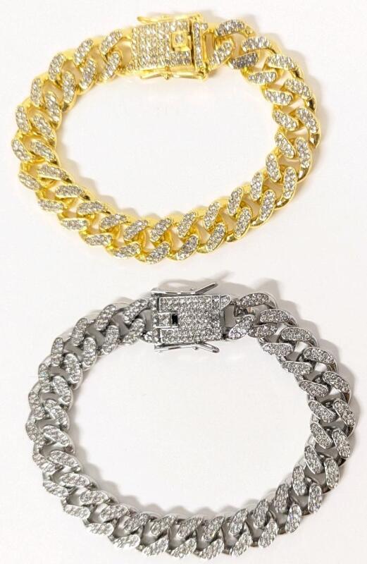 2 New Blinged Out Rhinestoned Cuban Link Box Clasp Bracelets, 1" Wide &times; 8" to 9" Long