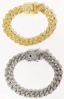 2 New Blinged Out Rhinestoned Cuban Link Box Clasp Bracelets, 1" Wide &times; 8" to 9" Long