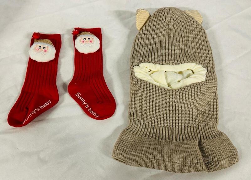 2 New Kids Winter Apparel, Includes Knit Balaklava with Ears and Red Socks with Santa Face Mini-Stuffy
