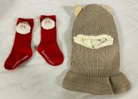 2 New Kids Winter Apparel, Includes Knit Balaklava with Ears and Red Socks with Santa Face Mini-Stuffy