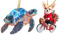 New Pair of 2D Christmas Ornaments: Sea Turtle & Funny Chihuahua On A Bike Delivering Presents, Up to 3" Long
