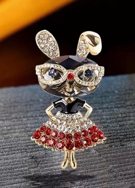 Anthropomorphic Rabbit Alloy Brooch Rhinestone Accents Quirky Elegant Statement Brooch approximately 2.56 x 1.4&rsquo;&rsquo; stock photos added