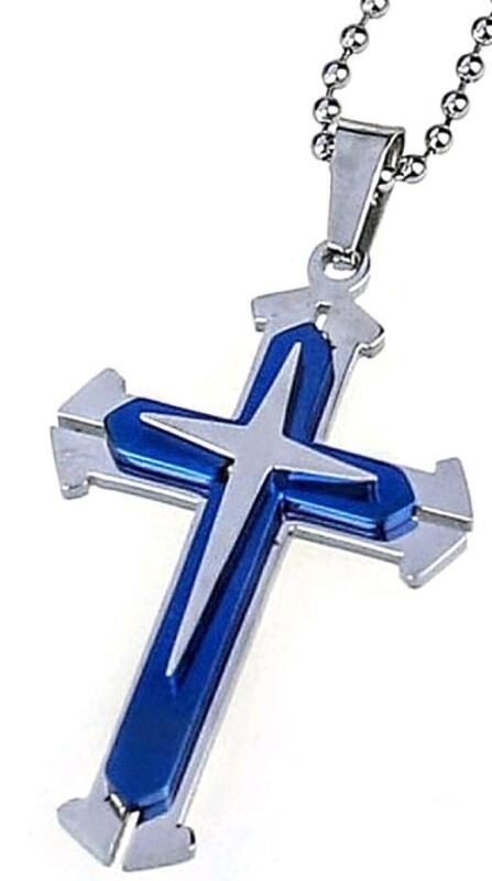 New Stainless Steel Electric Blue & Metal Cross (2") on 19" Chain