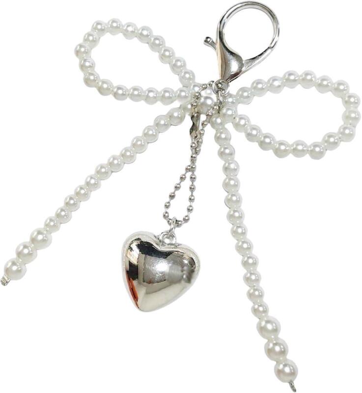 New Y2K Faux Pearl Bowknot Puffy Heart Charm Keychain, 4.75" Across &times; 3" Long