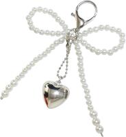 New Y2K Faux Pearl Bowknot Puffy Heart Charm Keychain, 4.75" Across &times; 3" Long
