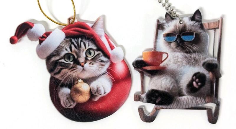 New Pair of Adorable 2D Cat Ornaments For Car & Christmas Tree, Up To 3.65" Long Excluding Loops