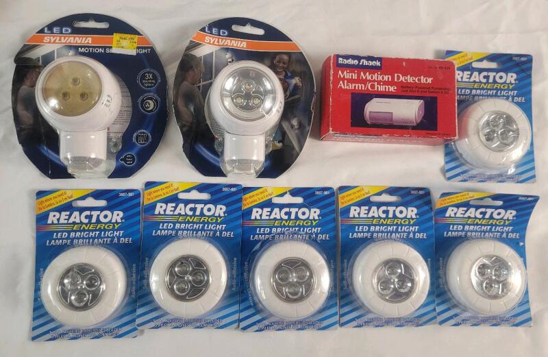 New - 2 Sylvania LED Motion Lights , Radio Shack Detector Alarm & 6 Reactor Energy LED Bright Light