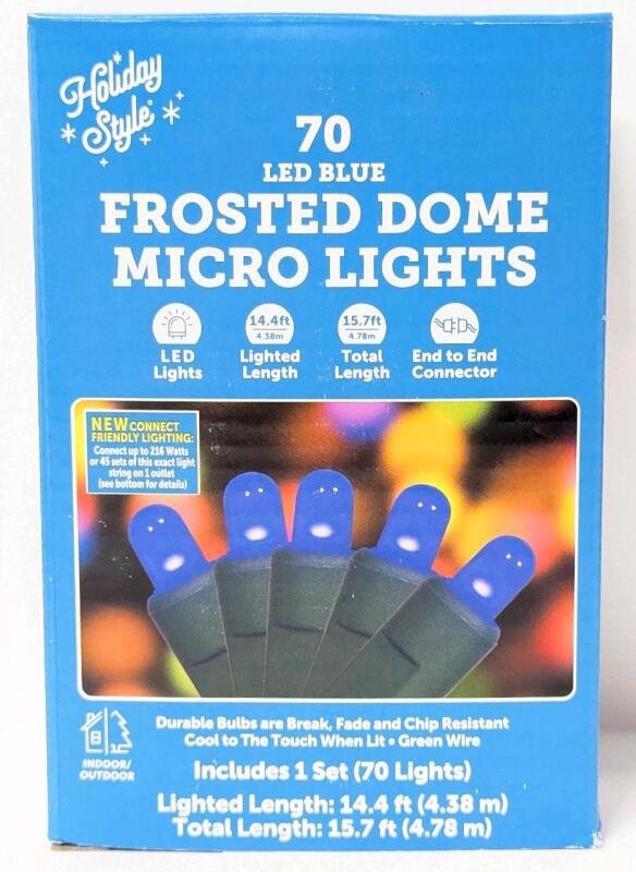 New 70 LED Blue Frosted Dome Indoor/Outdoor Micro Lights, 15.7ft Total Length, End To End Connector For Daisy Chaining, Break, Fade, and Chip Resistant Bulbs, Cool to the Touch