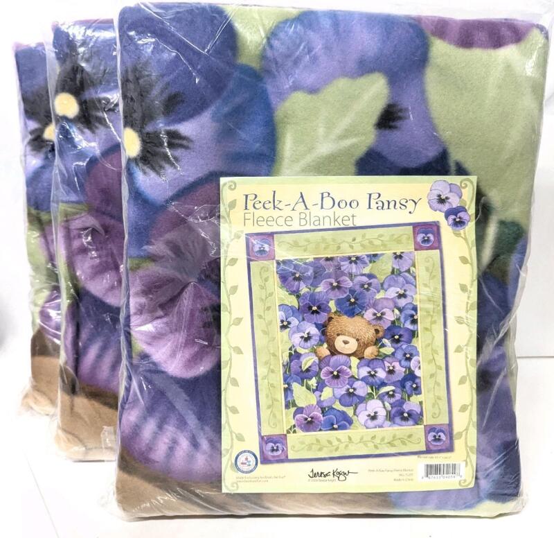 3 New Peek-A-Boo Pansy Fleece Blankets, 53.25" &times; 64.25" Each