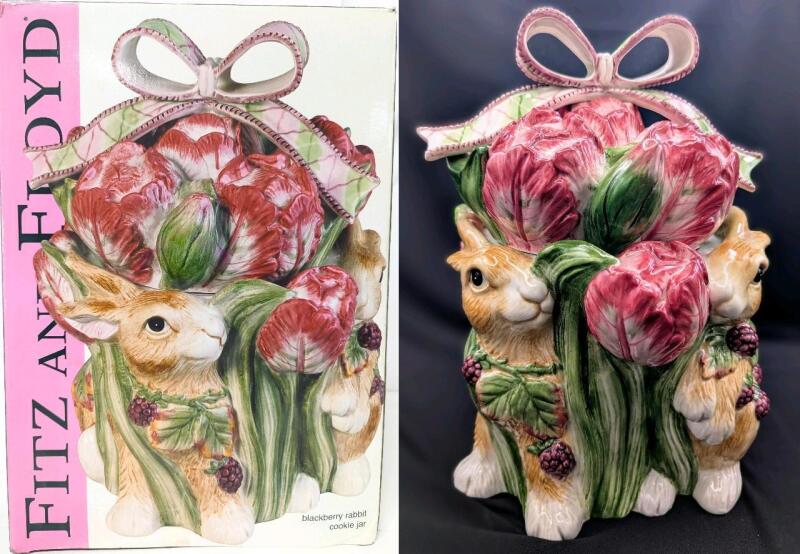 Vintage FITZ AND FLOYD BlackBerry Rabbit Cookie Jar With Original Box, 11" Tall, No Chips or Cracks, Missing &frac12; of Styrofoam Packing