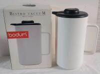 Bodum Bistro Vacuum Liner Thermo Jug w/Thermo Glass Insert , White . Measures 9.5" tall . Model # 1601