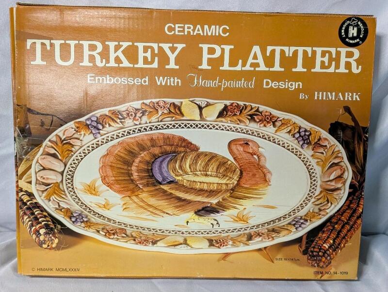 As New Vintage Himark Ceramic Turkey Platter Embossed with Hand Painted Design. 19"x14.25"