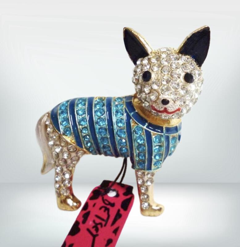 Smiling Chihuahua Dog Rhinestone Enamel Pendant Brooch Vintage Blue Clear Tagged Betsey Johnson Back Bale or Choice of Brooch Pin approximately 2.5 x 2&rsquo;&rsquo;