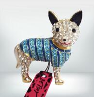Smiling Chihuahua Dog Rhinestone Enamel Pendant Brooch Vintage Blue Clear Tagged Betsey Johnson Back Bale or Choice of Brooch Pin approximately 2.5 x 2&rsquo;&rsquo;
