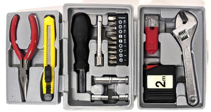 As-New Mini Tool Kit In Hard Plastic Case, 6" &times; 4" &times; 3.75", Broken Case Lock