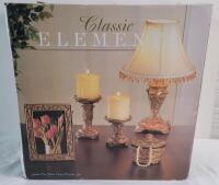Classic Elements Golden 5pc. Lamp Decorator Set . Includes 15.5" Resin Lamp w/Shade , 2 Pillar Candle Holders , 4&times;6 Picture Frame & Keepsake Box w/Lid .