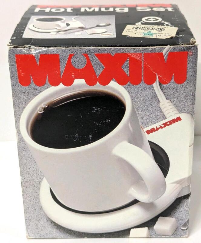 Vintage New MAXIM Hot Mug Set, Includes Mug, Mug Heating Pad & Original Freeze Dried Coffee & Peppermint Tea Samples (Consumption Not Recommended)