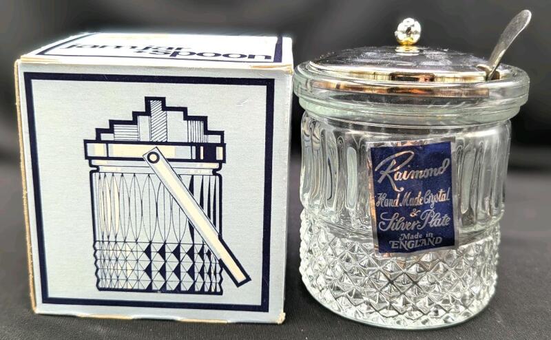 Vintage New Raimond England Hand Made Crystal & Silver Playe Jam Jar + Spoon, 5" Tall