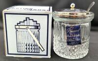 Vintage New Raimond England Hand Made Crystal & Silver Playe Jam Jar + Spoon, 5" Tall