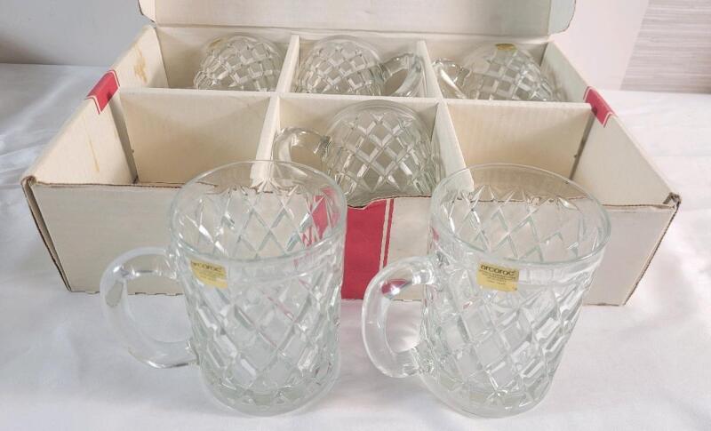 Vintage MCM Paul Sebastian Arcoroc Crystal Diamond Cut Glass 12oz. Mugs - Set of 6 w/Original Box .