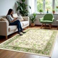 New Zentavio 4x6 Washable Area Rugs, Vintage Non-Slip Floral Living Room Rug, Indoor Foldable Floor Thin Low Pile Carpet for Farmhouse Bedroom Dining Room Green