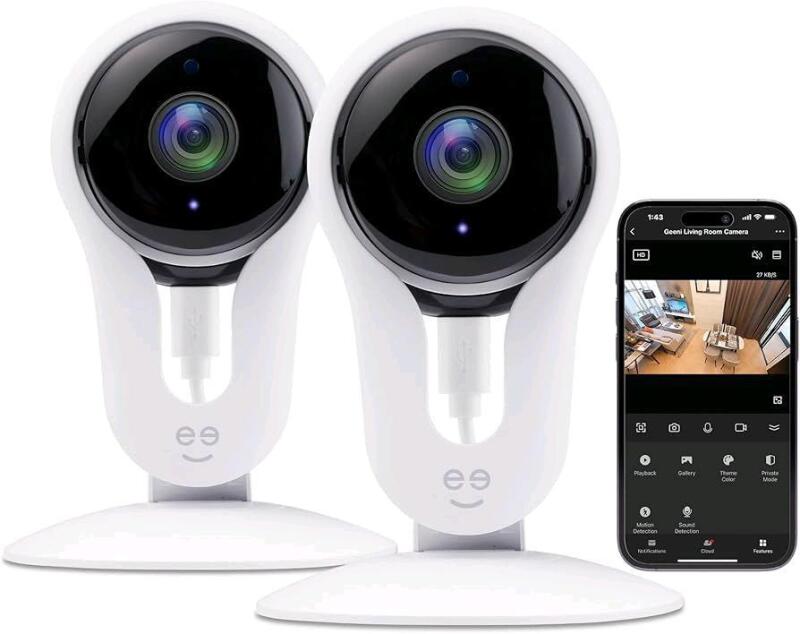 New 2-Pack Geeni Aware 1080p Indoor Smart Home Security Camera with 2-Way Talk, Night Vision and Motion Alerts, Works with Alexa and Google Assistant, No Hub Required, White