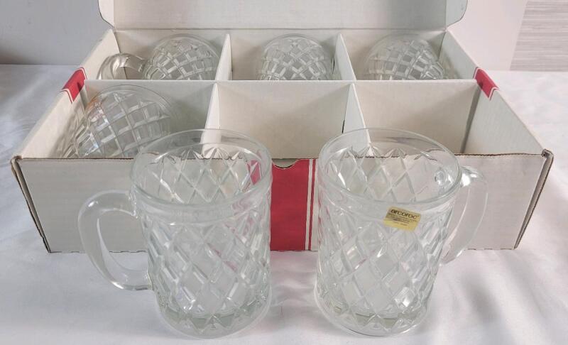 Vintage MCM Paul Sebastian Arcoroc Crystal Diamond Cut Glass 12oz. Mugs - Set of 6 w/Original Box .