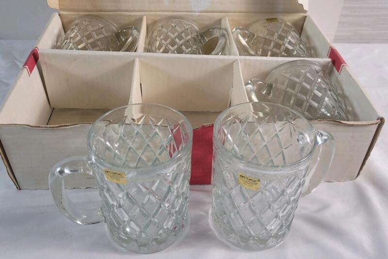 Vintage MCM Paul Sebastian Arcoroc Crystal Diamond Cut Glass 12oz. Mugs - Set of 6 w/Original Box .