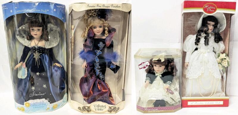 4 Vintage Porcelain Collectors Dolls In Original Boxes, Includes As-New Working Gift Gallery Animated Wind-Up Musical Doll, Up to 15" Tall