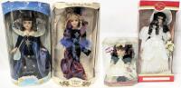 4 Vintage Porcelain Collectors Dolls In Original Boxes, Includes As-New Working Gift Gallery Animated Wind-Up Musical Doll, Up to 15" Tall