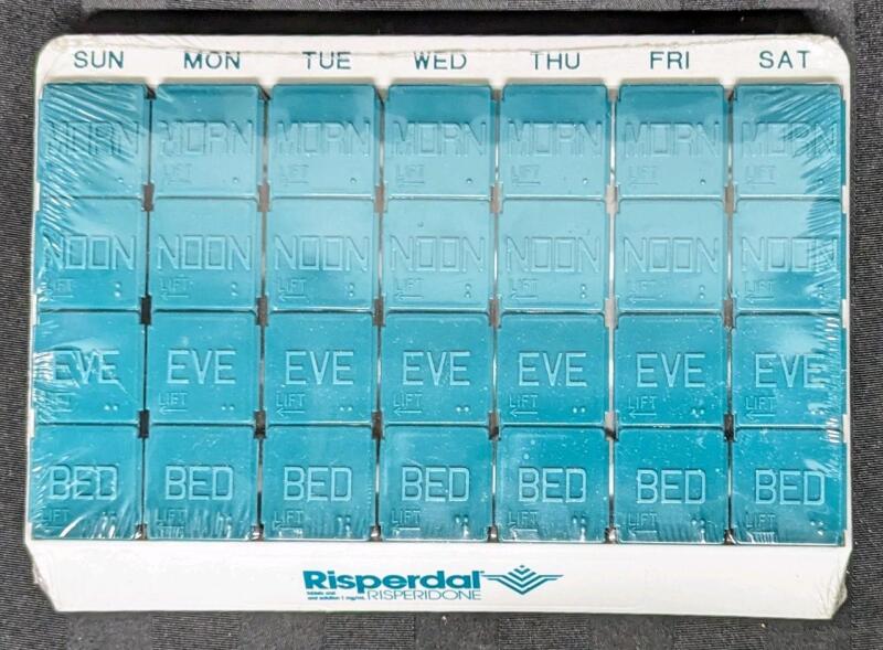New Risperal-Branded Weekly Pill Organizer With Morning, Noon. Evening & Bed Pills, Large Reservoirs, Case 9 25" &times; 6.75"