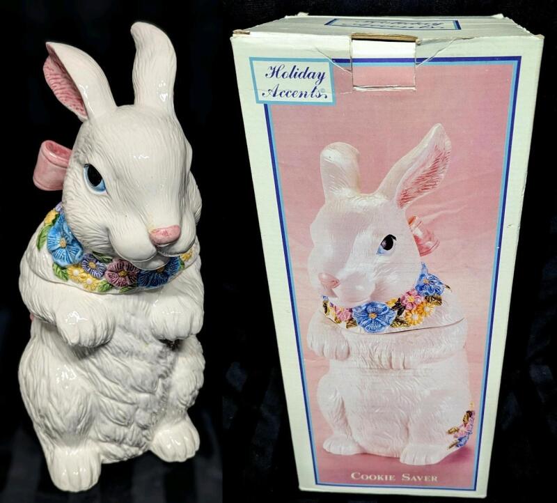 Vintage Holiday Accents Spring Bunny Rabbit Cookie Saver / Cookie Jar, 14" Tall.