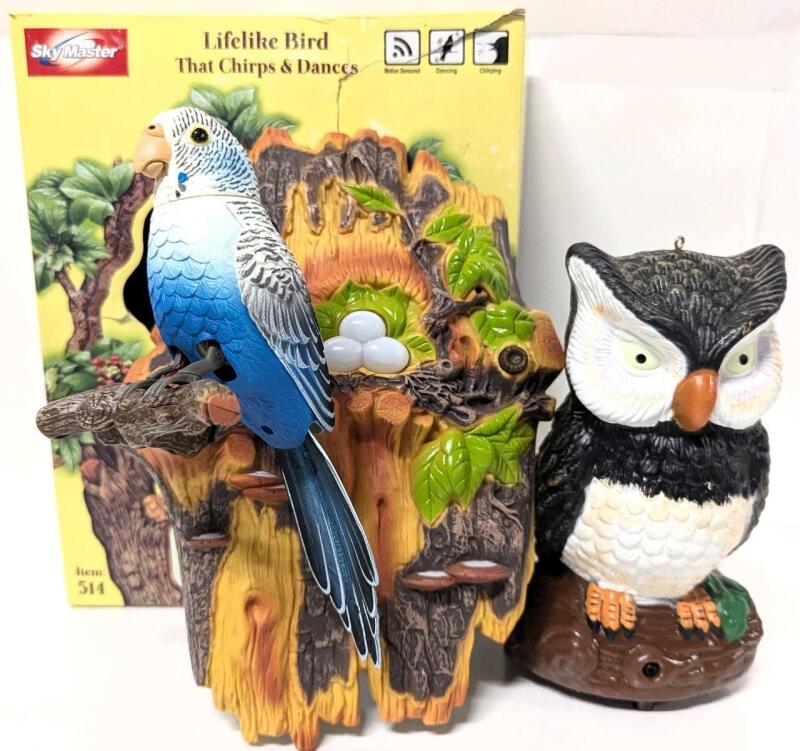 2 Motion-Activated Birds : SkyMaster Budgerigar Budgie Bird 10" Tall (Only Sound Works When Button is Pressed) & 7.25" Owl (Working)