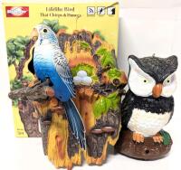 2 Motion-Activated Birds : SkyMaster Budgerigar Budgie Bird 10" Tall (Only Sound Works When Button is Pressed) & 7.25" Owl (Working)