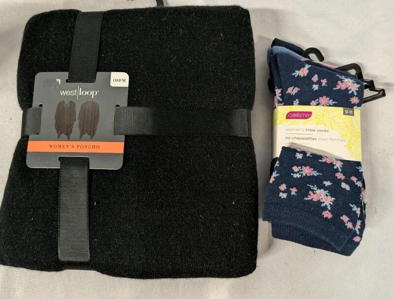 New Women's Clothing. One Size Fits Most West Loop Women's Poncho and 3 Pairs of Size 9-11 Charisma Women's Crew Socks