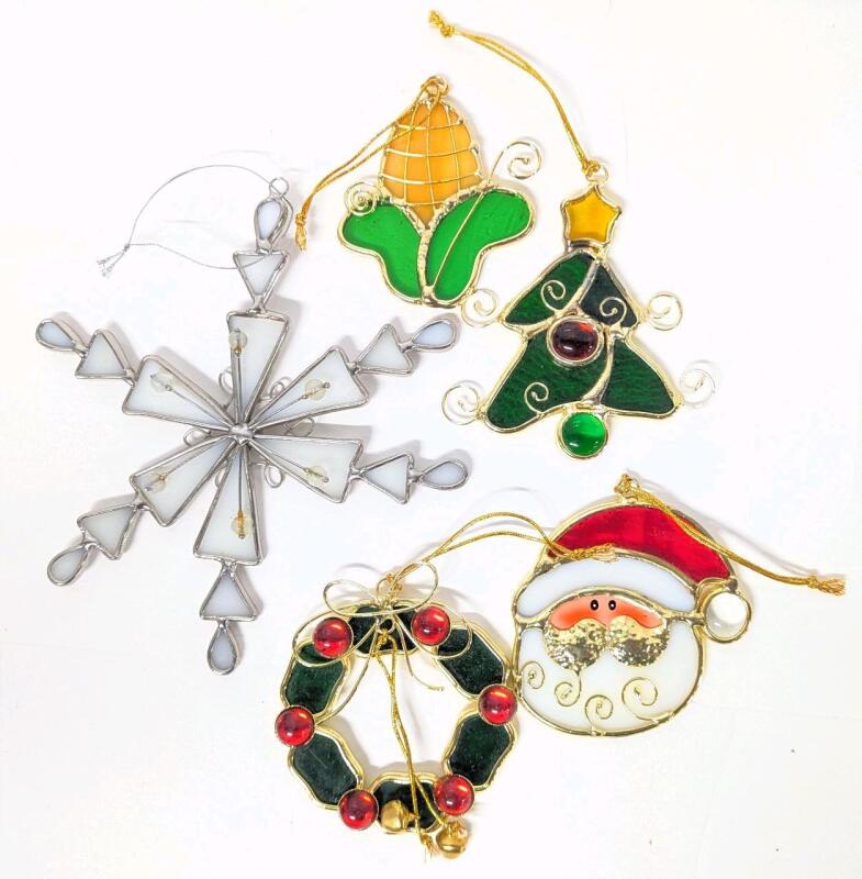 4 Stained Glass Christmas Ornaments + Stained Glass CORNament Uo To 6.5" Long