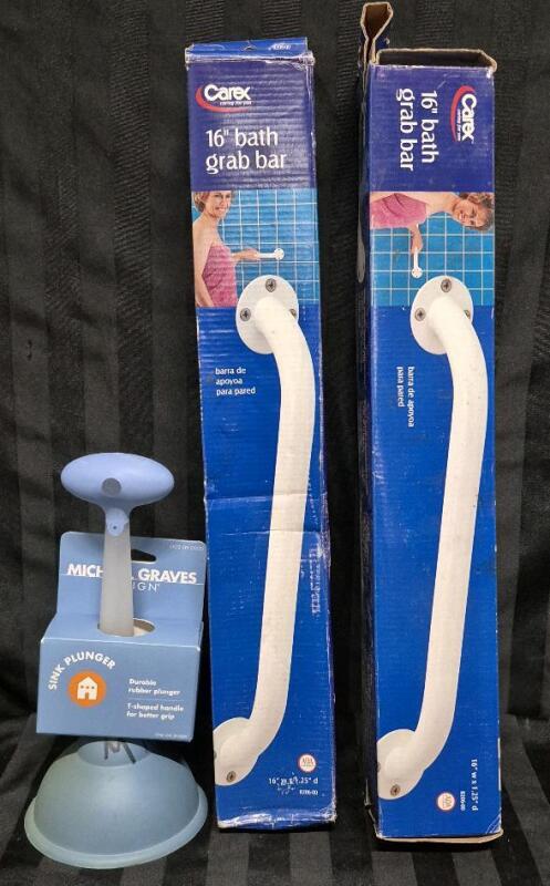 2 As New Carex 16" Metal Grab Bars & Not New Sink Plunger