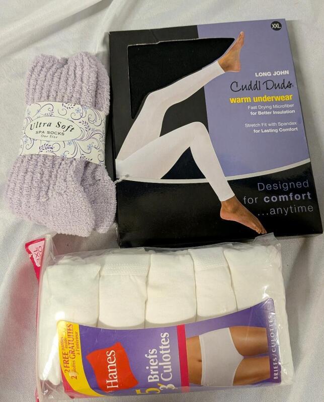 New Women's Apparel Ultra Soft Spa Socks (One Size) 5 3xL Hanes Breifs and 1 XXL Cuddle Duds Long Warm Underwear.