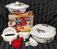 2pc Melamineware Microwave Casserole Dishes (9.25" - 10.25"), New Microwave Pasta Boat, New 3pc Pierogi/Hand Pie Crimpers & New 4pc Heart-Shaped Measuring Cups