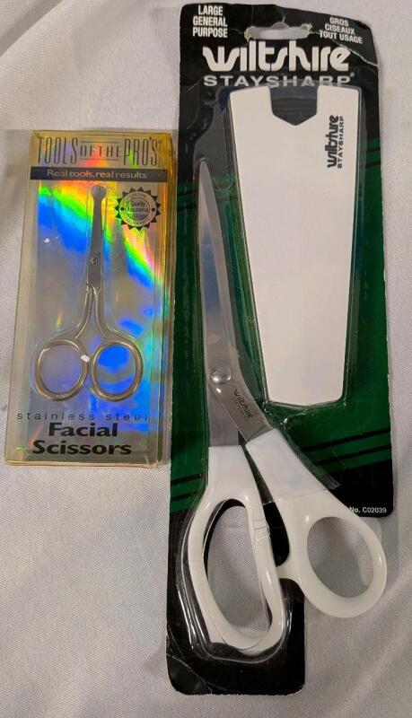 2 New Pairs of Scissors. Wiltschire with Sharpener and Facial Scissors. Largest Scissors Measures 8.5" Long
