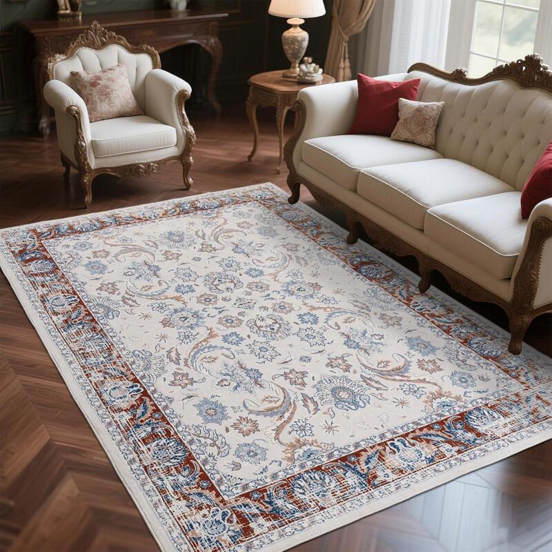 New Zentavio 8x10 Washable Area Rugs, Vintage Non-Slip Floral Living Room Rug, Indoor Foldable Floor Thin Low Pile Carpet for Farmhouse Bedroom Dining Room Blue Red