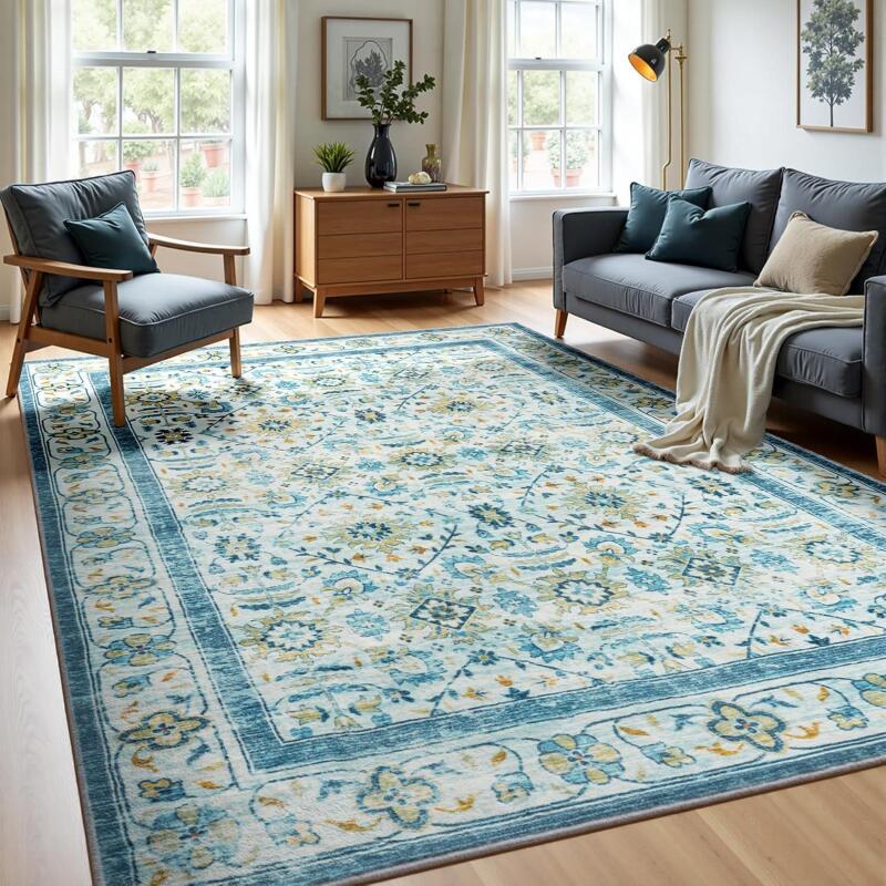 New Zentavio Machine Washable Boho 6x9 Feet Area Rugs for Living Room Bedroom Indoor Outdoor Non-Slip Bathroom Rug Dorm Room Carpet Throw Rug for Laundry Dining Room Floral Blue
