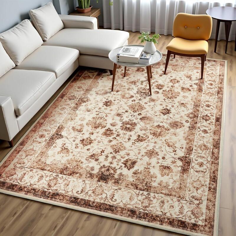 New Zentavio 9x12 Washable Area Rugs, Vintage Non-Slip Floral Living Room Rug, Indoor Foldable Floor Thin Low Pile Carpet for Farmhouse Bedroom Dining Room Brown