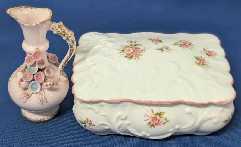 Vintage Lefton Handpainted Small 3.75" Pitcher & Queen's Staffordshire Bone China Trinket Box 4.75" &times; 3.5" &times; 2" Tall, No Chips or Cracks