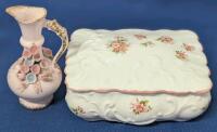 Vintage Lefton Handpainted Small 3.75" Pitcher & Queen's Staffordshire Bone China Trinket Box 4.75" &times; 3.5" &times; 2" Tall, No Chips or Cracks