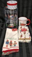 New Christmas Decor - 2x Hand Towel, 4x Napkins, Mug, Tin, and 2x Stackable Containers