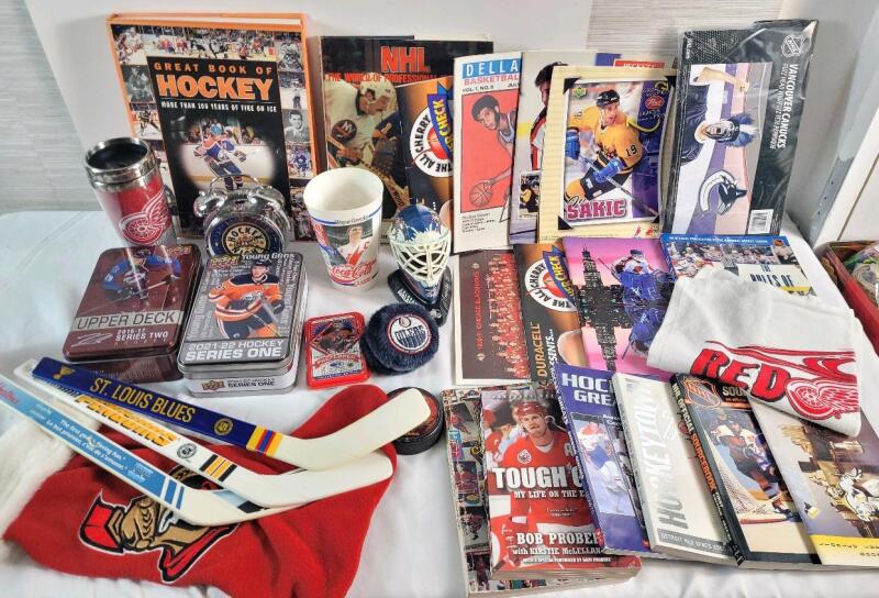 Large NHL Hockey Sports Memorabilia Lot . Hockey Night in Canada Clock , Mini Sticks , Stocking , Books Cups plus More . See Photos