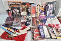 Large NHL Hockey Sports Memorabilia Lot . Hockey Night in Canada Clock , Mini Sticks , Stocking , Books Cups plus More . See Photos
