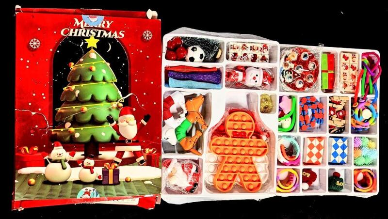 New Christmas Advent Calendar With 24 Different Kinds of Assorted Christmas Toys, Fidget Toys, Puzzles & More! (Very Damaged Box, May No Longer Function as Advent Calendar)
