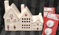 New Holiday Decor - Christmas Ceramic House 8.5" Long & 6 New LED Tealights